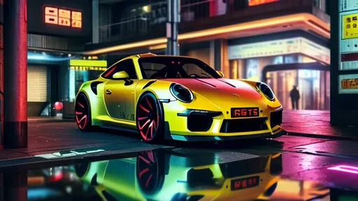 Prompt: Porsche 911 GTS RS in a cyberpunk city, high-res 3D rendering, futuristic skyscrapers, neon lights, urban setting, sleek and futuristic car design, intense reflections, high-tech automotive details, cyberpunk, city lights casting a neon glow, best quality, highres, ultra-detailed, 3D rendering, cyberpunk, futuristic, sleek design, professional, atmospheric lighting