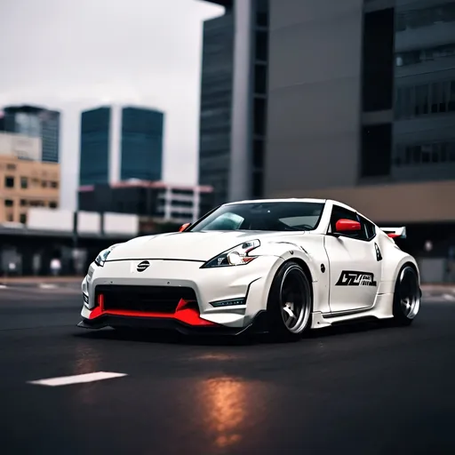 Prompt: Cyberpunk feel. Nissan 370Z Drifting in City