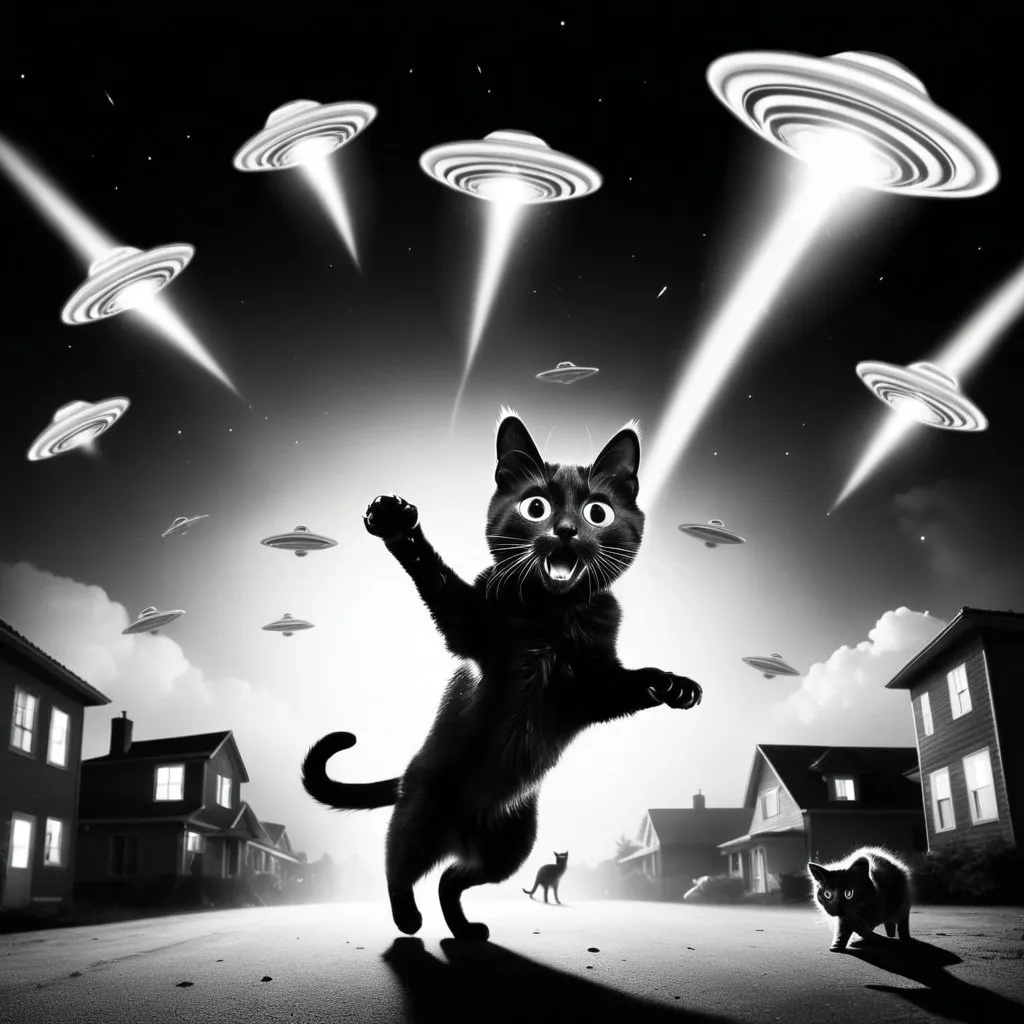 Prompt: scared cat being attacked by ufos, black and white