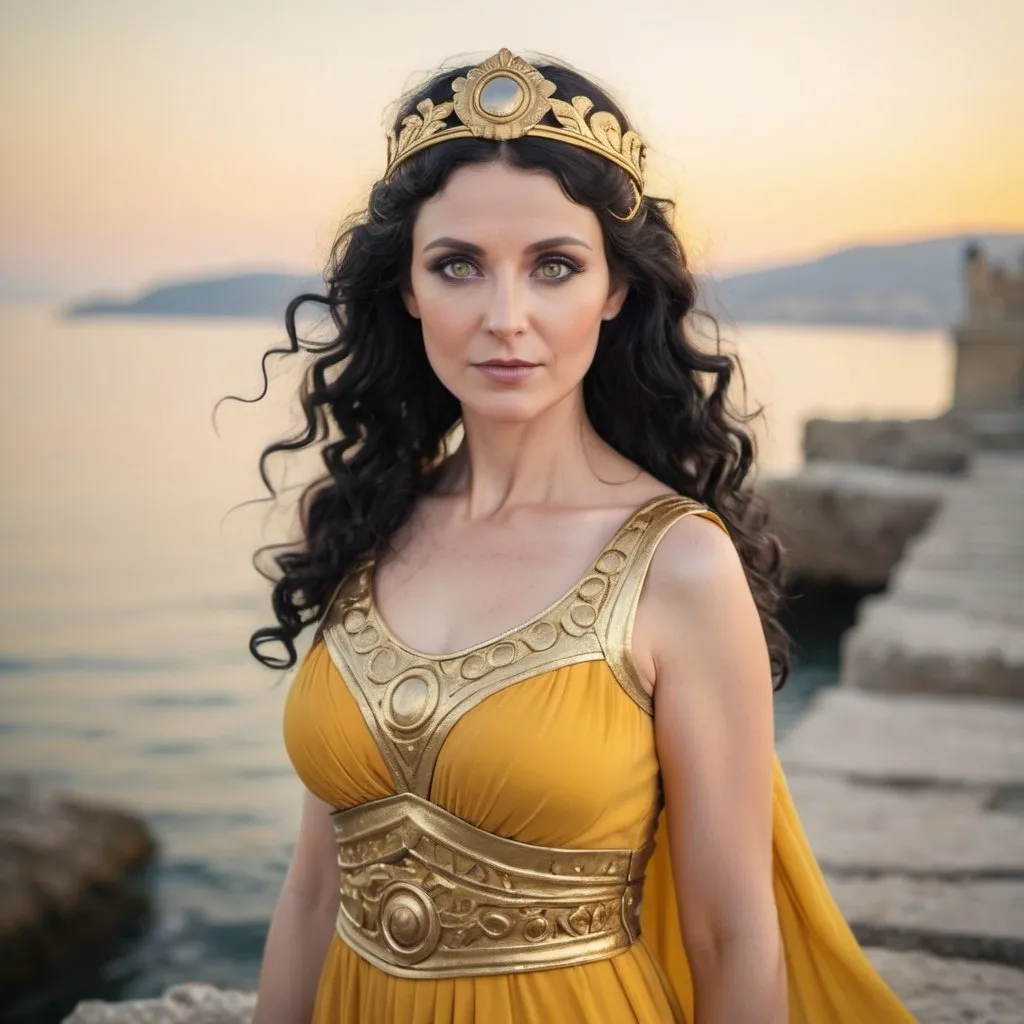 Prompt: cute 40 year old woman black wavy hair, grey eyes, yellow ancient greek dress, golden circlet, gold glitter makeup, turned toward viewer, ancient greek pier background, goddess athena