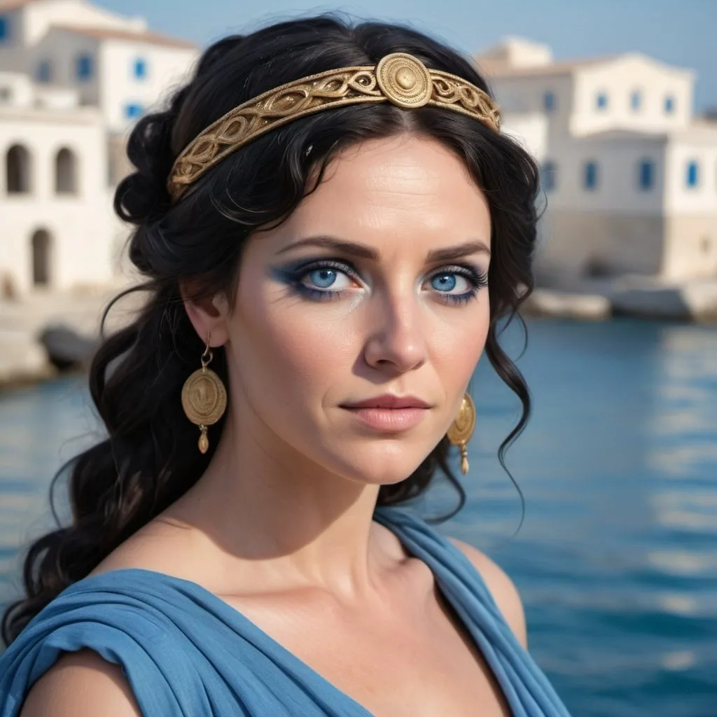 Prompt: photorealistic, beautiful 40 year old woman, oil tan skin, black wavy hair, blue eyes, blue ancient greek dress, blue eyes, blue makeup, golden circlet, ancient greek pier background