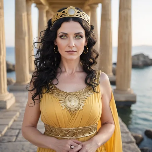 Prompt: cute 40 year old woman black wavy hair, grey eyes, yellow ancient greek dress, golden circlet, gold glitter makeup, turned toward viewer, ancient greek pier background, goddess athena