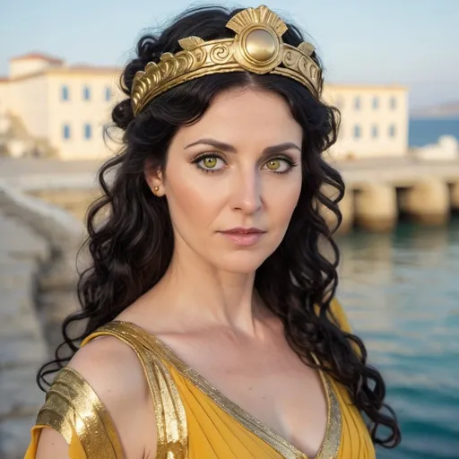 Prompt: cute 40 year old woman black wavy hair, grey eyes, yellow ancient greek dress, golden circlet, gold glitter makeup, turned toward viewer, ancient greek pier background, goddess athena