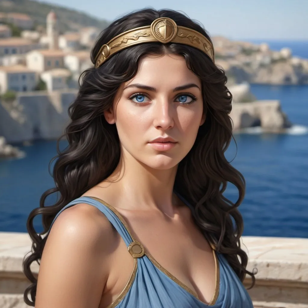 Prompt: photorealistic, goddess athena, beautiful 30 year old woman , black wavy hair, blue eyes, looking toward viewer, tanned skin, Mediterranean look