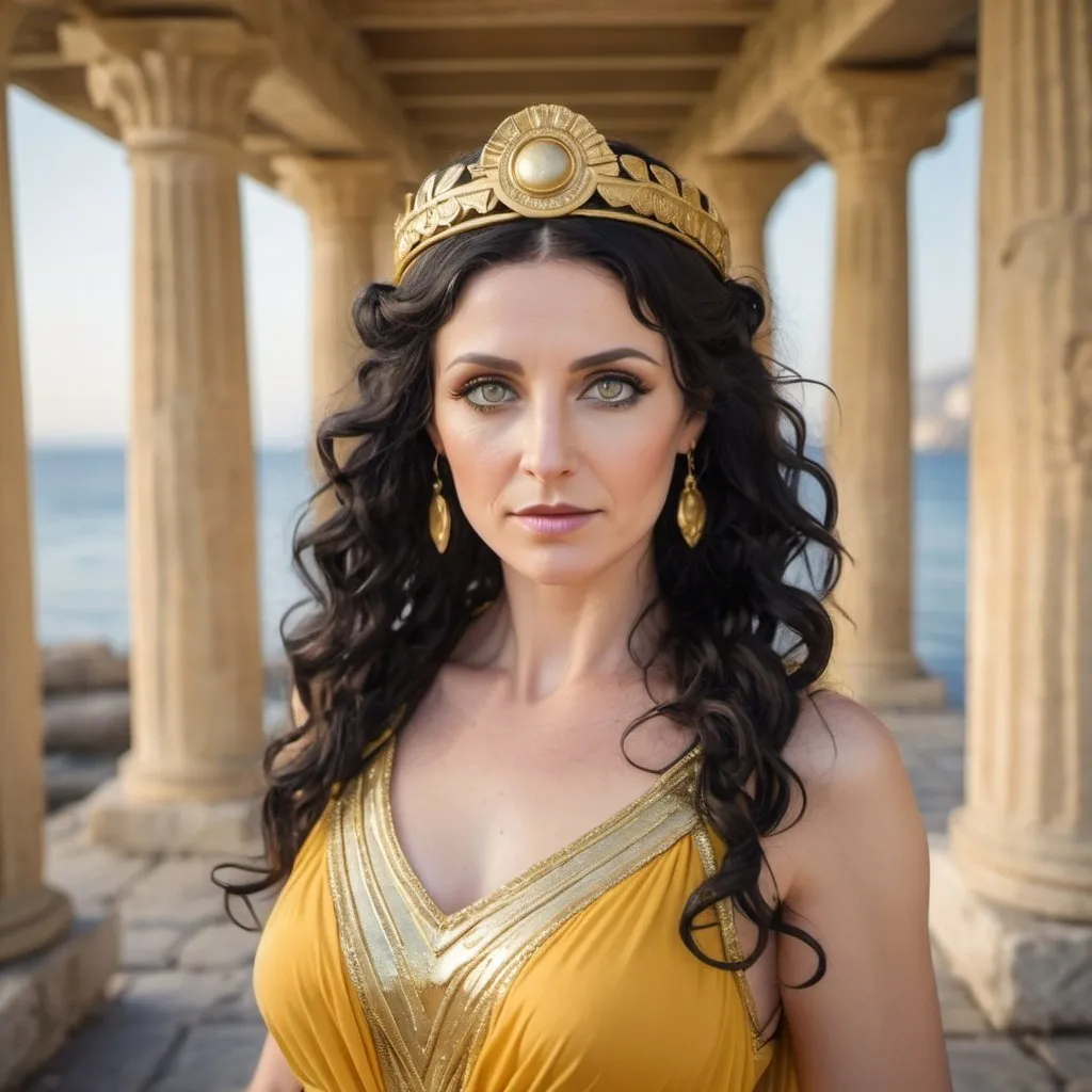 Prompt: cute 40 year old woman black wavy hair, grey eyes, yellow ancient greek dress, golden circlet, gold glitter makeup, turned toward viewer, ancient greek pier background, goddess athena