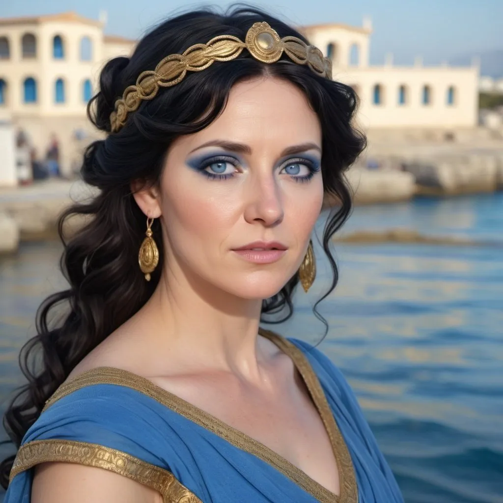 Prompt: photorealistic, beautiful 40 year old woman, oil skin, black wavy hair, blue eyes, blue ancient greek dress, blue eyes, blue makeup, golden circlet, ancient greek pier background