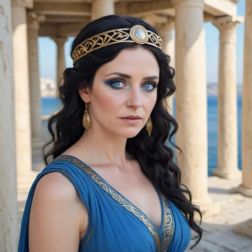 Prompt: photorealistic, beautiful 40 year old woman, oil skin, black wavy hair, blue eyes, blue ancient greek dress, blue eyes, blue makeup, golden circlet, ancient greek pier background