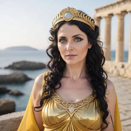 Prompt: cute 40 year old woman black wavy hair, grey eyes, yellow ancient greek dress, golden circlet, gold glitter makeup, turned toward viewer, ancient greek pier background, goddess athena