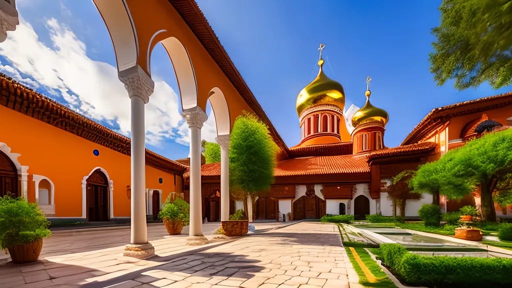 Prompt: Russian Orthodox monastery refectory with 16 large windows, lavabo at entrance, monks washing hands, traditional oil painting, detailed architecture, peaceful atmosphere, high quality, realistic, warm tones, soft natural light, serene ambiance, monastery interior, detailed interior design, traditional art style, peaceful setting, tranquil atmosphere