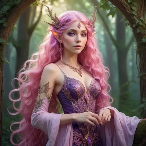 Prompt: elf woman with long, curly pink hair, purple eyes