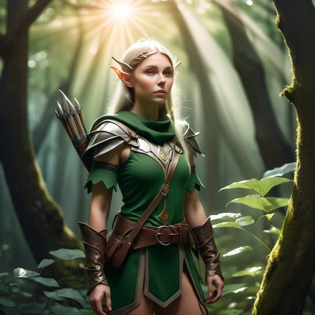 Prompt: Elf ranger in a mystical forest around sunlight