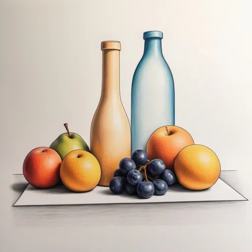 Prompt: make me a drawing of a simple still life  with couple of subjects like fruits nad cups or bottles in color