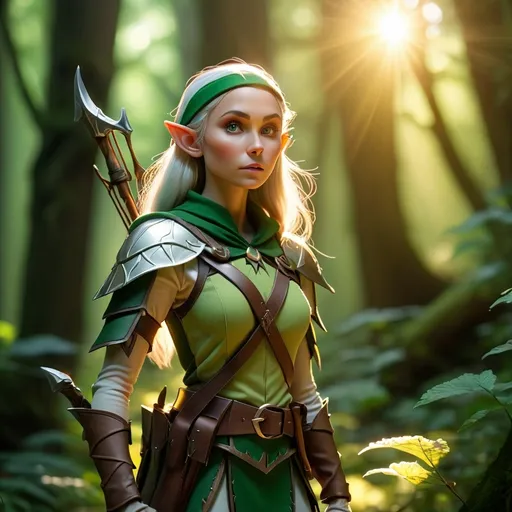 Prompt: Elf ranger in a mystical forest around sunlight