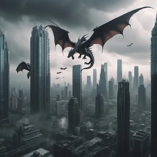 Prompt: a gloomy city scape with tall skyscrapers with dragons flying above, early 2000s, neutral, cinematic, 4k