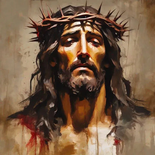 Prompt: oil paint head shoulders Jesus bleeding crown of thorns Visible strokes,rough edges,muted colors.Warm lighting neutral backdrop