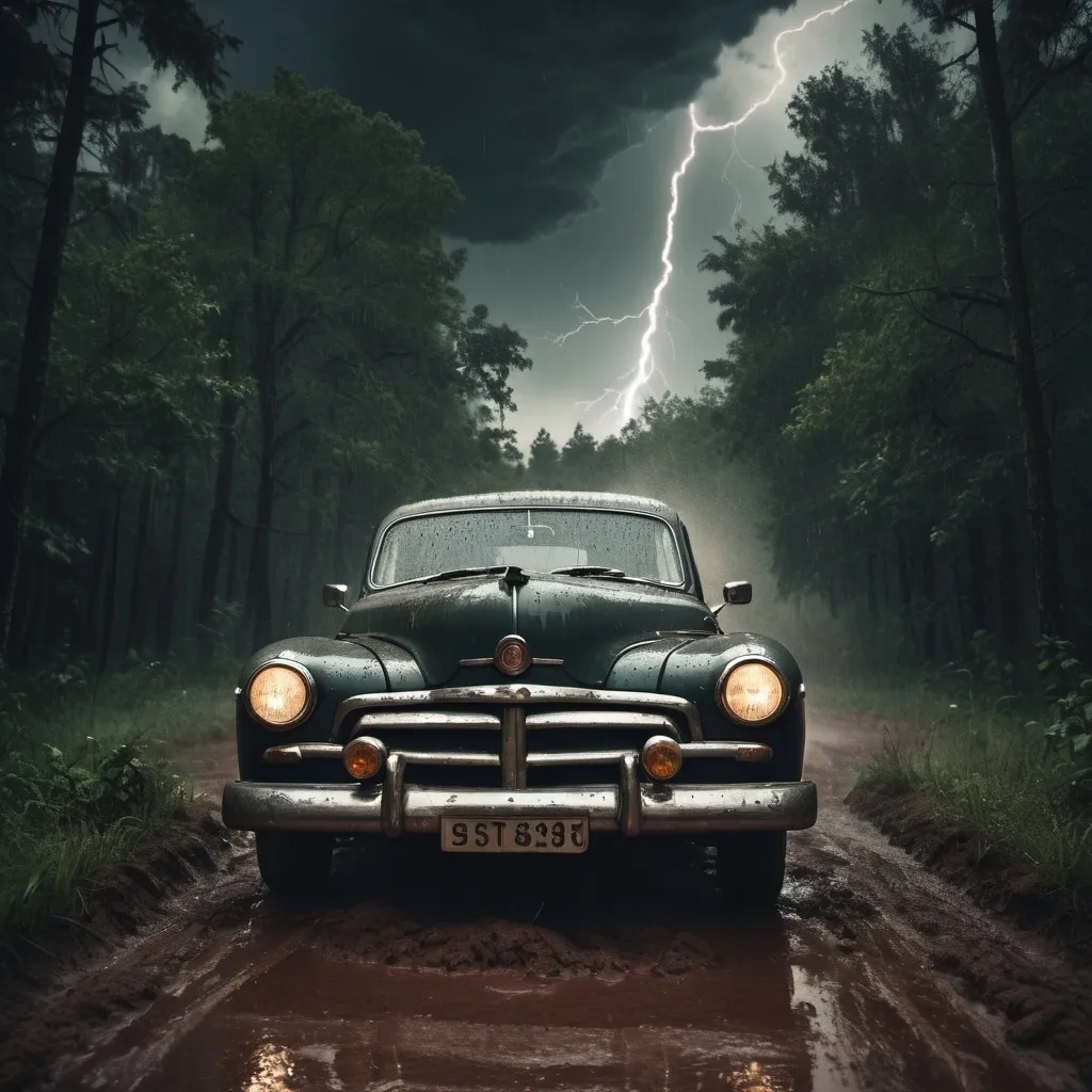 Prompt: Thundering storm in a dense forest, vintage car, ominous sky, heavy rain, lightning flashes, muddy ground, high quality, realistic, dark and moody, atmospheric lighting, vintage car, stormy weather, dense forest, ominous atmosphere, heavy rain, lightning flashes, muddy ground, vintage, vintage car, storm, intense, dramatic, dark tones