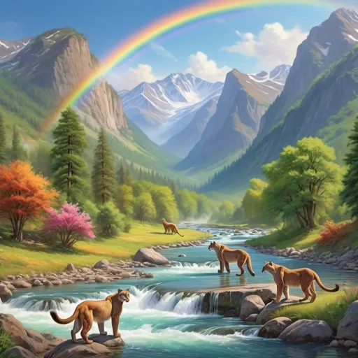 Prompt: mountain and valley and waterfall in the background
river
fish swimming in the river
eagles soaring above the mountain
rainbow
mountain lions
