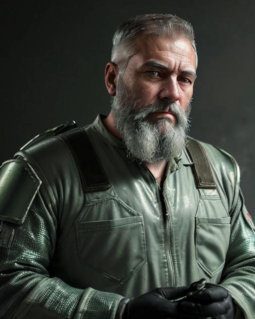 Prompt: Experienced Russian armor repairman with graying hair and a thick beard, His expression is steady and composed, reflecting years of hands-on experience, (1/2 headshot), (photorealistic), (near-future sci-fi aesthetic), (male), (military repair technician), (neutral background), (silvery green jumpsuit), (high-tech tools)