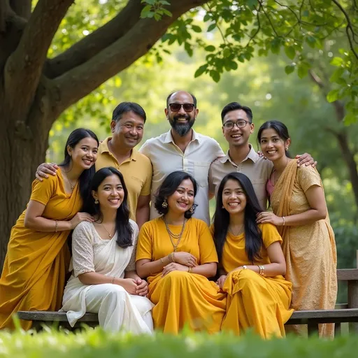 Prompt: Surrounded by lush greenery and dappled sunlight, a cheerful group of eight people shares a moment of camaraderie outdoors. The scene features individuals of various ages, some seated on a bench and others standing nearby, with joyful expressions that reflect a sense of togetherness. Clad in vibrant attire, including shades of yellow and traditional fabrics, they exude warmth and friendliness, while one person wearing sunglasses adds a playful flair to the gathering. The backdrop of trees lends a serene, natural atmosphere, suggesting a day spent enjoying each other's company in a tranquil, sunny environment. The overall mood conveys joy, connection, and celebration of friendship or family.