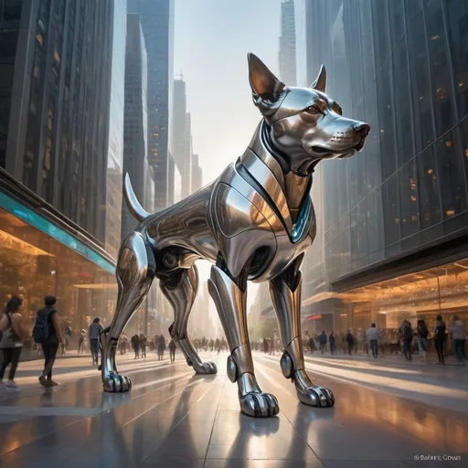 Prompt: Imagine a futuristic cityscape with sleek, metallic skyscrapers soaring into the sky, bathed in a soft, ethereal glow. The streets are bustling with hovercars and drones, and holographic advertisements flicker and dance in the air. In the center of this bustling metropolis stands a magnificent statue, unlike anything seen before.

At the base of the statue, a dog with four legs represents loyalty, companionship, and resilience. As you gaze up the statue, the dog's body seamlessly transitions into a single, winding path that leads towards the horizon. This path symbolizes life's journey, choices, and the interconnectedness of all paths we choose to follow.

The dog's four legs, instead of being traditional paws, are designed with futuristic, biomechanical enhancements that allow it to walk effortlessly along the path, blending the natural and the artificial in a harmonious dance of movement and purpose.

The painting captures a moment of reflection, encouraging viewers to contemplate their own journey, the paths they've chosen, and the companions who walk beside them.