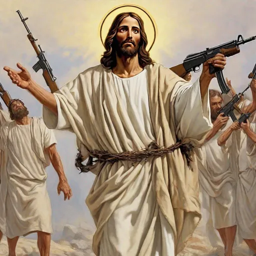 Prompt: Jesus being resurected, he is hollding 2 AK-47 assault rifles