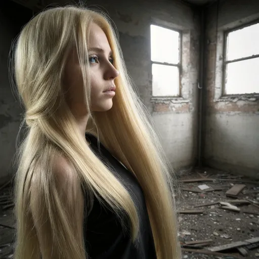 Prompt: urbex woman blonde long hair,from side