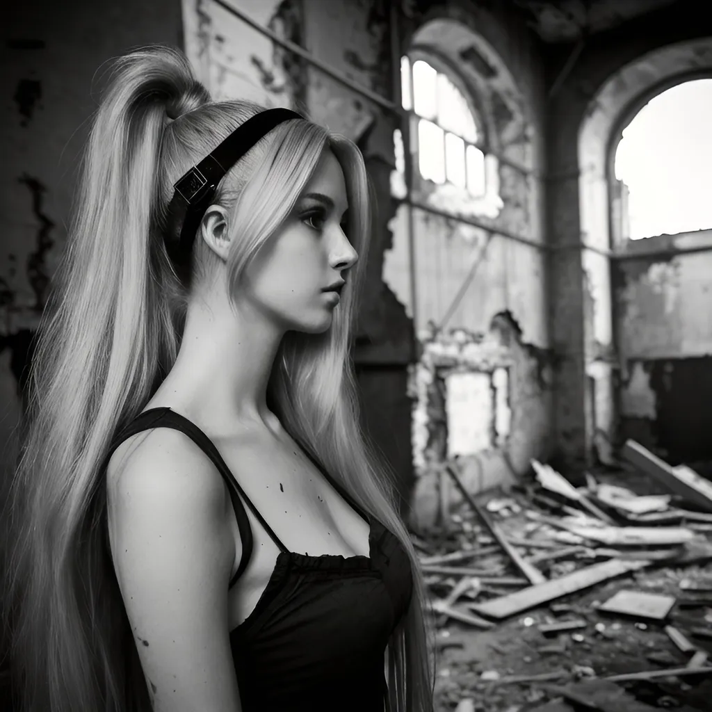 Prompt: urbex woman blonde long hair,from side