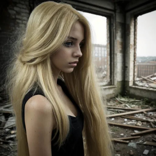 Prompt: urbex woman blonde long hair,from side