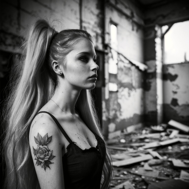 Prompt: urbex woman blonde long hair,from side, little tattoo