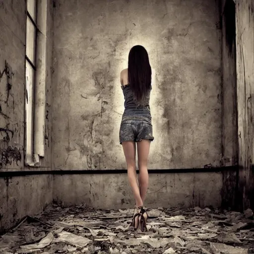 Prompt: urbex artwork creative woman from side blonde long hair in heels