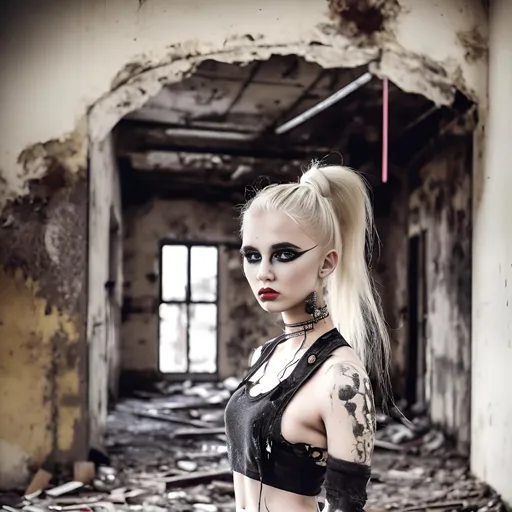 Prompt: urbex creative blonde dirty woman ponytail little piercing