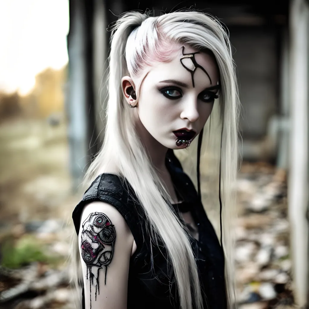 Prompt: urbex woman creative piercing from side blonde long hair