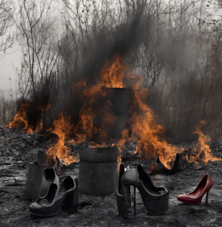 Prompt: urbex tire fire forgotten high heels