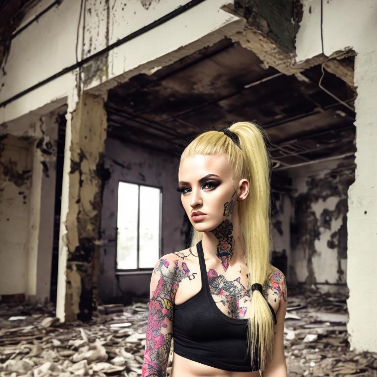 Prompt: urbex creative blonde woman ponytail tatoo