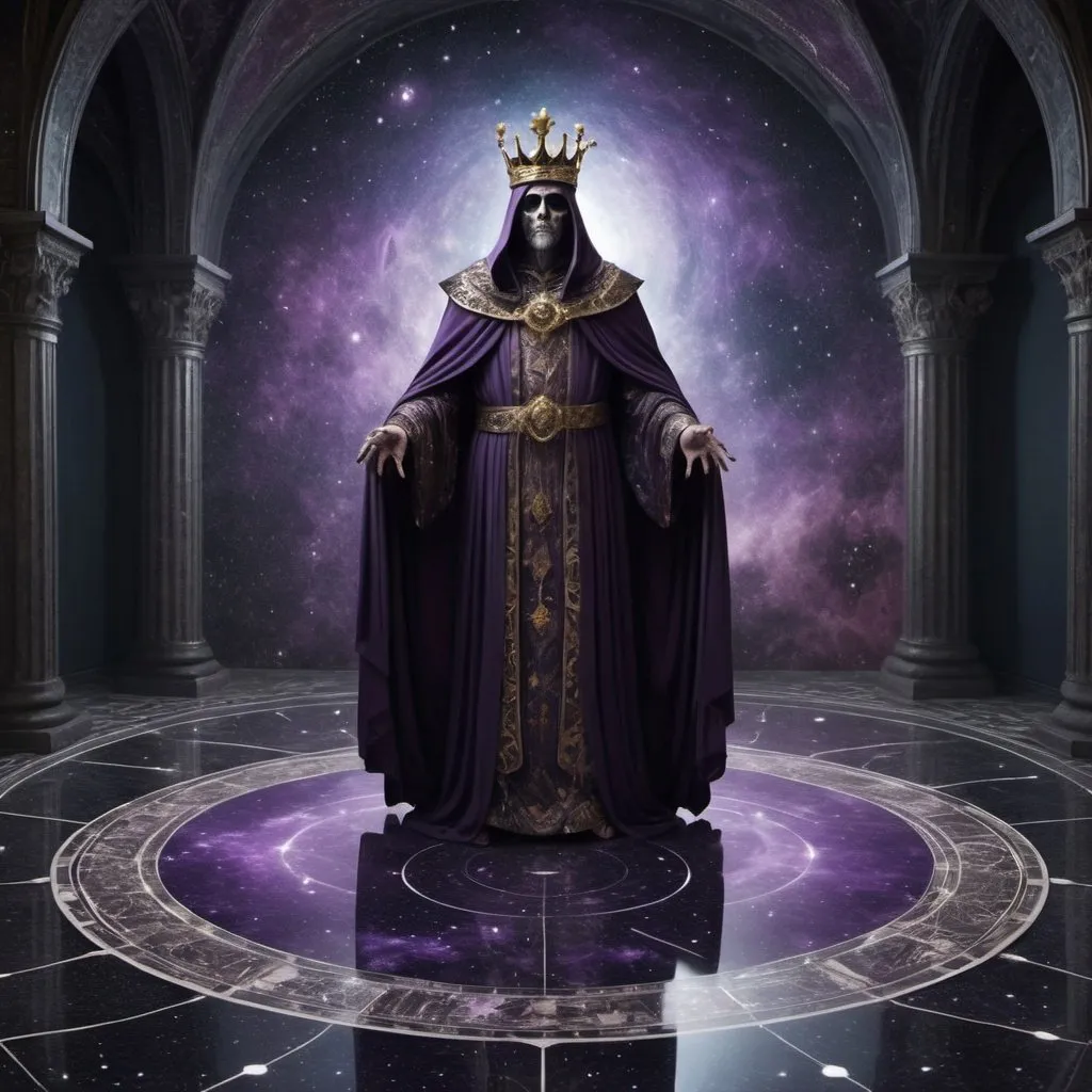 Prompt: Facing him, disguised as a king of old, was Murtod, the God of Death. His regal robes of ebony and amethyst bore an otherworldly elegance, and his eyes, usually inky pools of eternity, appeared as deep as the cosmic void. Though the transformation was a guise, the solemnity in his demeanor was real. Nearby, a newly polished mosaic floor gleamed in patterns of celestial constellations, a testament to the eternal upkeep of this timeless repository.
 approaching perfection, Detailed and Intricate, Detailed Render, 3D Render, Unreal Engine,penrose tiling Concept Art