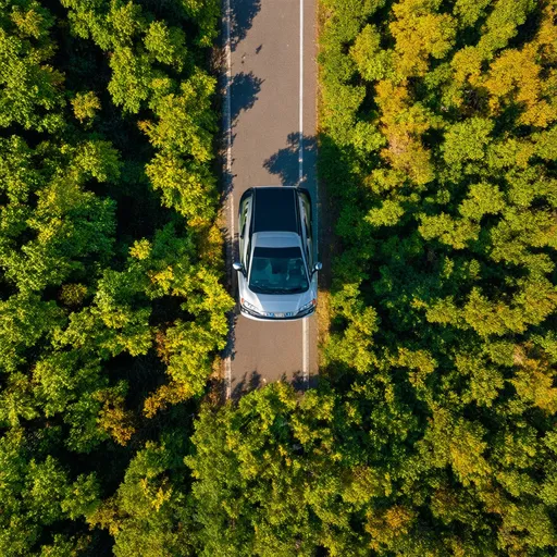 Prompt: A SUV on a highway in a jungle. Sunlight, photorealistic, Arial view, Shadow, spring season, long shot