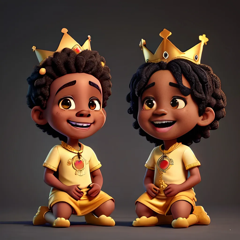 Prompt: Black American children with golden crowns on their heads, laughing.