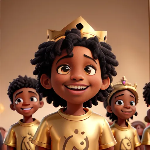 Prompt: Black American children with golden crowns on their heads, laughing.