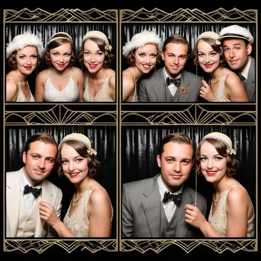 Prompt: 2 x 6 photo booth strip with 3 pictures Gatsby theme
