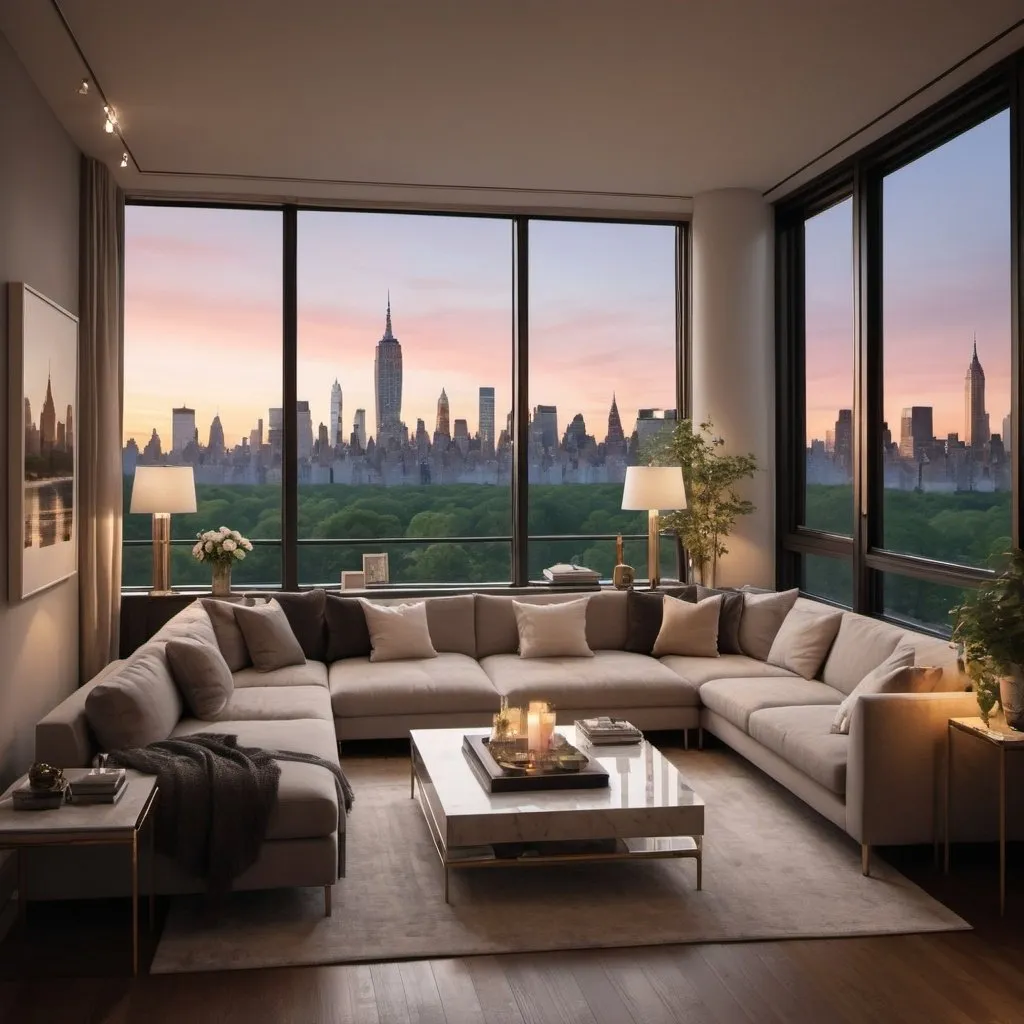 Prompt: generate an image of a new york city apartment that is cosy, overlooks central park and is super romantic at dusk, this apartment is expensive and modern
