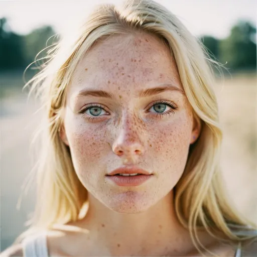 Prompt: Beautiful blonde woman with freckles, Portra 400 film photo, analog inspiration