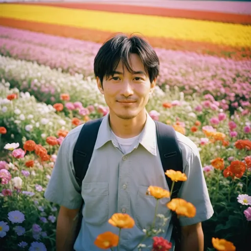 Prompt: happy Shinji Ikari standing in a beautiful field of flowers, colorful flowers everywhere, perfect lighting, leica summicron 35mm f2.0, Kodak Portra 400, film grain