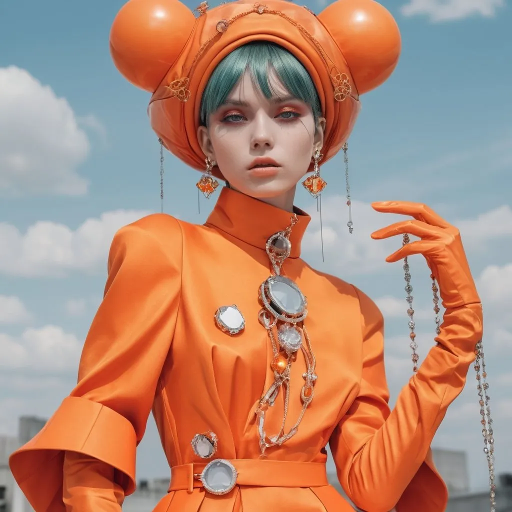 Prompt: girl in Eco Friendly haute couture outfit in the style of anime, surrealism, akira style. details. fine jewelry. Eco Friendly. orange vibe.