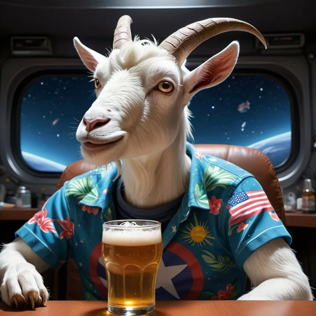 Prompt: Superhero Goat game character hyper realistic anime style studio Ghibli in space Drinking Beer wearing Hawaii shirt next level