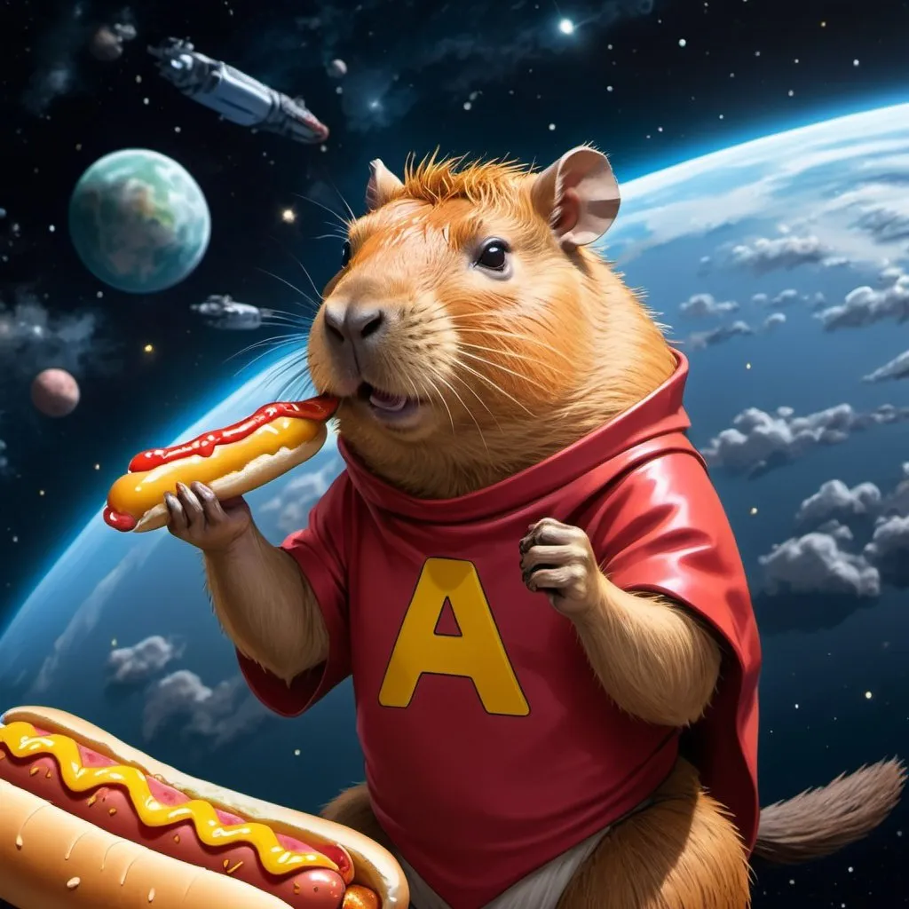 Prompt: Superhero Capybara game character hyper realistic anime style studio Ghibli in space eating a hotdog wearing Hawaii shirt next level