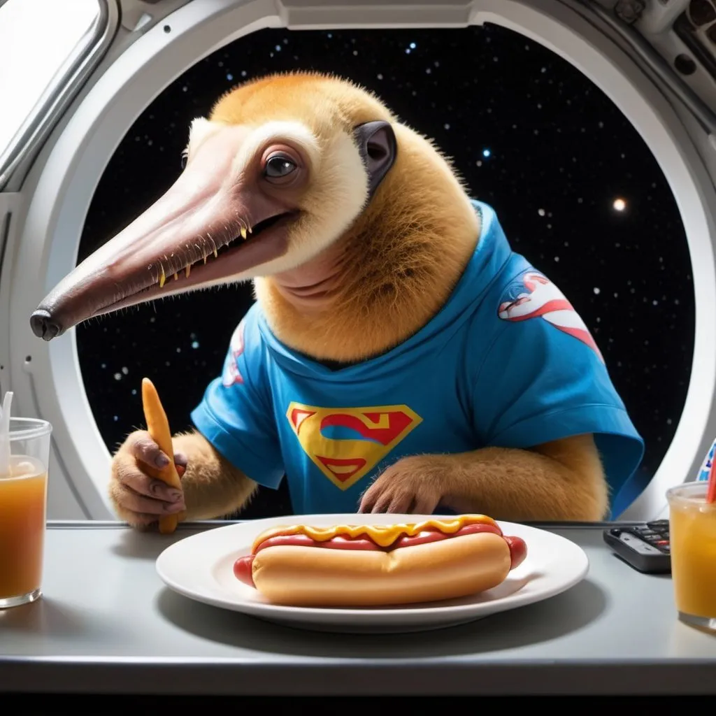 Prompt: Superhero Anteater game character hyper realistic anime style studio Ghibli in space eating a hotdog wearing Hawaii shirt next level