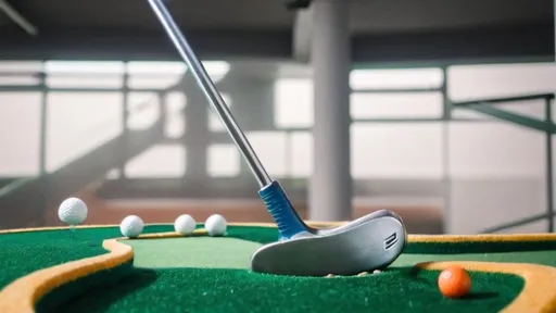 Prompt: Focus of a person playing mini golf, he must be hitting the ball in a small interior space with a window in the background showing that he is in a tall building 
