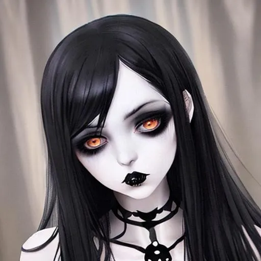 Prompt: Girl, long black hair, black eyes, pale skin, black gothic dress, gothic make up, holding a skull