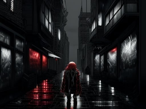 Prompt: High-resolution, detailed emo kid illustration, dark and moody, black and red color tones, intense and brooding expression, urban street setting, rainy atmosphere, cool-toned lighting, anime-style, edgy fashion, dramatic shadows, emotional, rainy, urban, intense gaze, detailed hair, professional