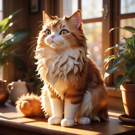 Prompt: A cat sitting on a table, softly illuminated by warm, golden afternoon sunlight streaming through a nearby window, creating a cozy ambiance. The cat is adorned with a playful, fluffy coat that shimmers subtly with rich hues of cream and caramel. The rustic wooden table is laden with vibrant houseplants, adding depth to the serene backdrop. Ultra-detailed, photorealistic quality, capturing the essence of domestic tranquility.